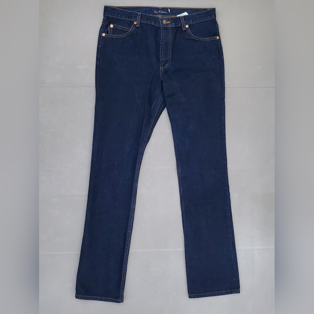 Earl Jeans women's size 31 x 33L mid rise straight leg dark wash 100% Cotton